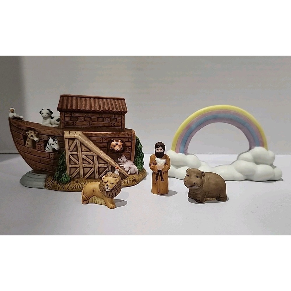 Homco Noahs Ark Porcelain Figurine Set 1474 Animals Rainbow Noah 5 Piece Vintage